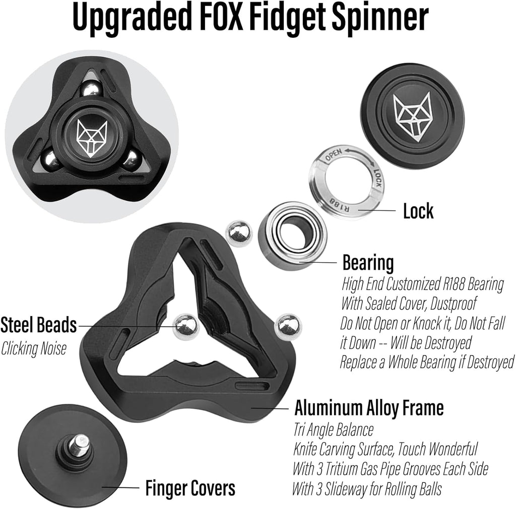 Freelove Upgraded Fox Tri 1.8'' Fidget Spinner with Steel Beads, Luminous Metal Spinners Toys for Adults, Premium Bearing 2~4 Min, Autism Sensory ADHD Anxiety Focus Meditation, Aluminum Alloy, Black