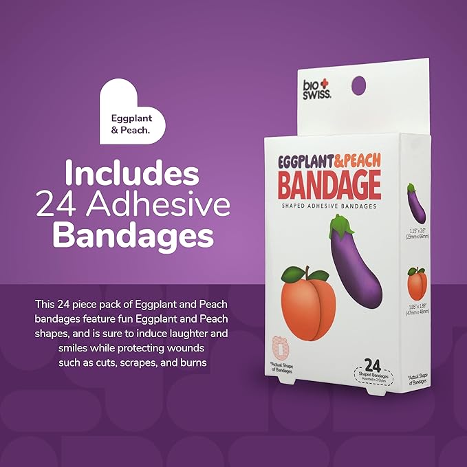 BioSwiss Bandages, Eggplant and Peach Shaped Adult Self Adhesive Bandage, Latex Free Sterile Wound Care, Funny First Aid Kit Supplies for Adults, 24 Count