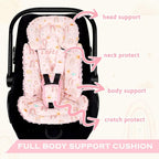 Infant Car Seat Insert and Strap Covers, Very Soft Car Seat Head Support Baby Girl Boy, Reversible Newborn Carseat Insert Cushion Fits for Stroller, Baby Swing, Bouncer (Pink Rainbow)