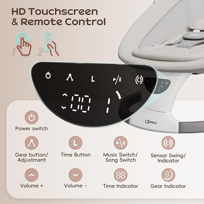 AMKE Baby Swing for Infants with Spacious & Breathable Mesh Seat - 5-Point Harness, Portable Swing Rocker, 5 Sway Speeds & 3 Timer, 12 Lullabies for Newborn Max 20 Lbs