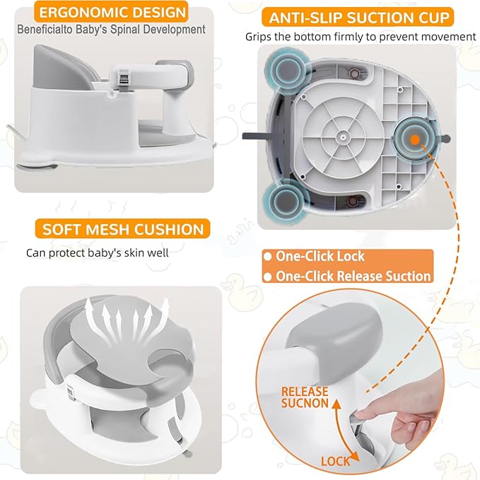Baby Bath Seat for Babies 6 Months & Up, Toddler Bath Seats for Babies Sitting Up, Non-Slip Infant Bath Tub Chair with Suction Cups & Soft Cushion for Shower, Compact Toddler Bathtub Seat, Grey