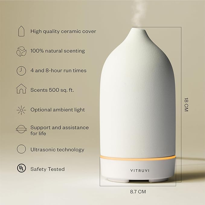 Vitruvi Stone Diffuser, Ceramic Ultrasonic Essential Oil Diffuser for Aromatherapy | Ceramic Diffuser, Diffusers for Home, Oil Diffuser, Housewarming Gift | White, 90ml Capacity