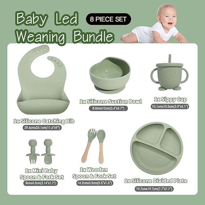 Baby Led Weaning Supplies, 8 Piece BPA-Free Silicone Feeding Set, Silicone Suction Bowl, Forks & Spoons, Bib & Cup, Develops Self Feeding Skills, Dishwasher Safe, for 6+ Months (Green)