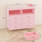 GarveeHome Dresser for Bedroom with 6 Drawers, Baby Changing Table Dresser with Changing Pad, LED Lights & Charging Station, Baby Changing Station with Changing Table Top, Pink