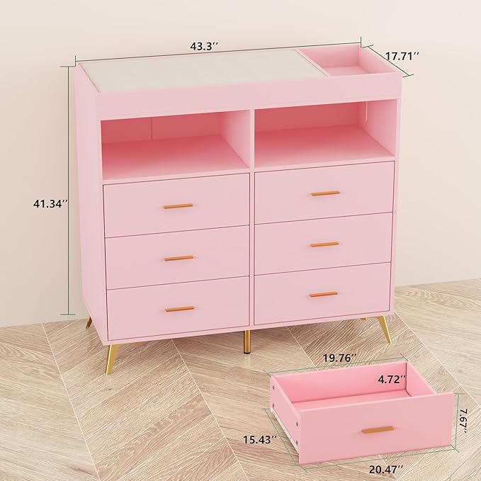 Dresser for Bedroom with LED Lights and Power Outlet, Baby Changing Table Dresser with 6 Drawers, 2 Open Storage Shelves, Baby Diaper Station with Changing Table Top (Pink)