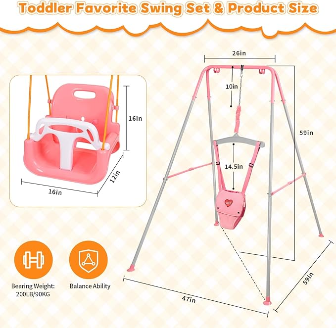 4-in-1 Toddler Swing Set & Baby Jumper and Bouncer for Toddlers, Foldable Baby Swing Stand for Outdoor Indoor Play, Easy to Assemble and Store for Ages 6 Months to 10 Years Old(Pink)