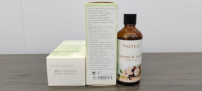 PHATOIL 3.38FL.OZ Coconut & Vanilla Fragrance Oils for Aromatherapy, Essential Oils for Diffusers for Home, Perfect for Diffuser, Yoga, DIY Candle and Soap Making - 100ml