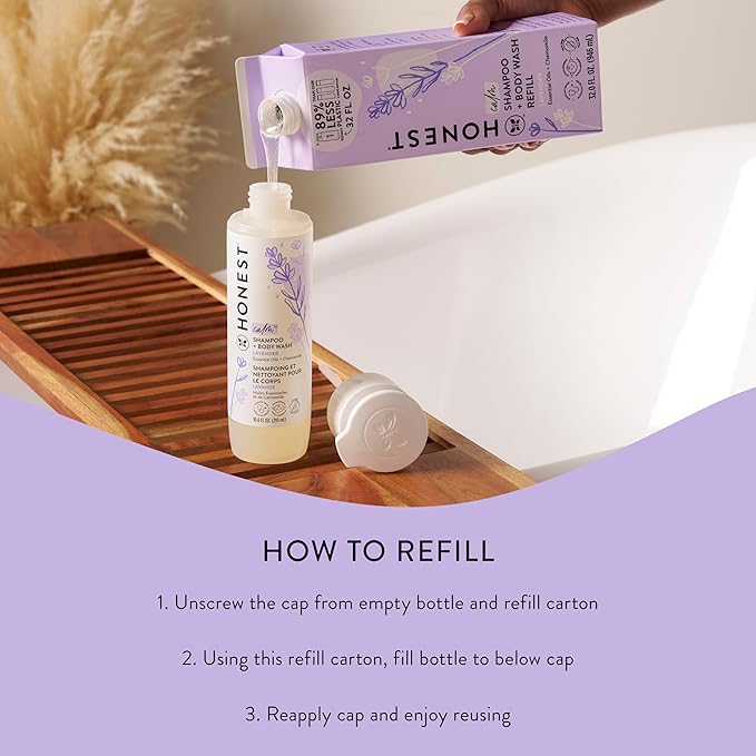 The Honest Company 2-in-1 Cleansing Shampoo Body Wash Refill Carton Gentle for Baby Naturally Derived Tear-free Hypoallergenic Lavender Calm 32 fl oz