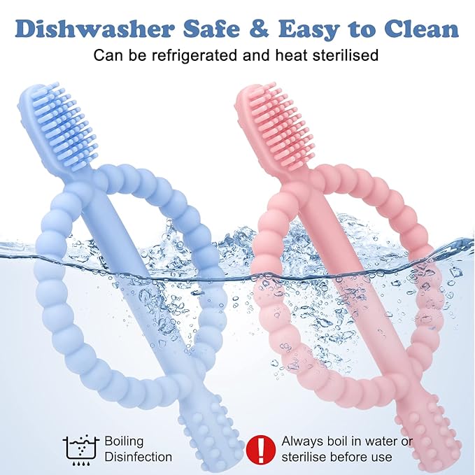 Baby Teething Toys with Easy-Hold Handle, Silicone Infant Toothbrush, Textured On Both Sides Helps Massage, Soothe Sore Gums, Teething Toys for Babies 0-6 Months, 6-12 Months