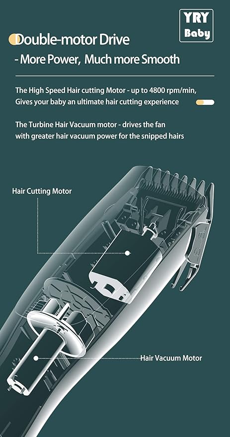 YRY Smart Vacuum Baby Hair Clipper, IPX7 Waterproof, Child Safe, 2 Isolated Motors, White