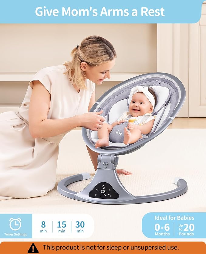LAREX Baby Swing to Toddler Electric Infant Swing Portable for Newborn Boy Girl, 5 Sway Speeds with Remote Control, 12 Preset Melodies and Bluetooth, 0-6 Months Max 20 Lbs (2024 Model-Sliver)