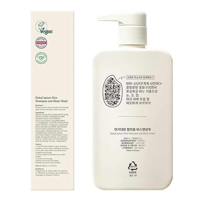 Vegan Rice Baby Wash 13.52 Oz | Tear-Free Cleanser for Newborn & Sensitive Skin | 2-in-1 Shampoo and Body Formula | Plant-Based, Korean Skincare with Gentle Rice Scent