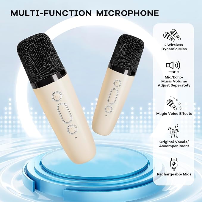 YLL Mini Karaoke Machine with 2 Wireless Microphones for Kids Adults, Portable Bluetooth Speaker Gift for Girls Toys 4, 5, 6, 7, 8, 10, 12+ Years Old Teens Birthday(Beige)