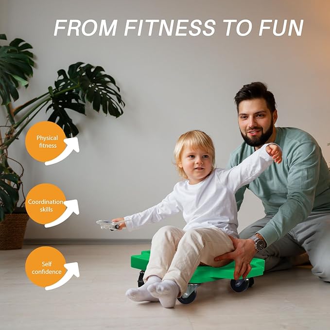2 Plastic Scooter Boards with Handles for Kids Sitting and Sports Training, with 1 Ring, 2 Ropes and 4 Beanbags, Indoor and Outdoor Play