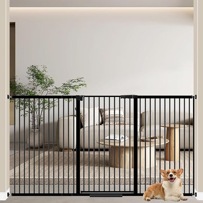 WAOWAO 40.55" Extra Tall 1.37" Ultra Narrow Spacing 69.49-77.36" Extra Wide Dogs Pets Baby Gate Safety Indoor Puppy Pressure Mounted Gate No Drill Black Metal for Stairs,Doorways,Kitchen,Hallway