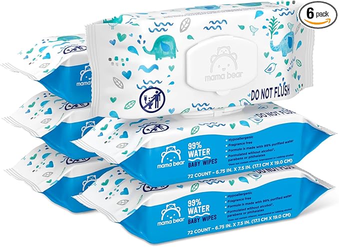 Amazon Brand - Mama Bear 99% Water Based Baby Wipes, Hypoallergenic for Sensitive Skin, Fragrance Free, 432 Count (6 Packs of 72)