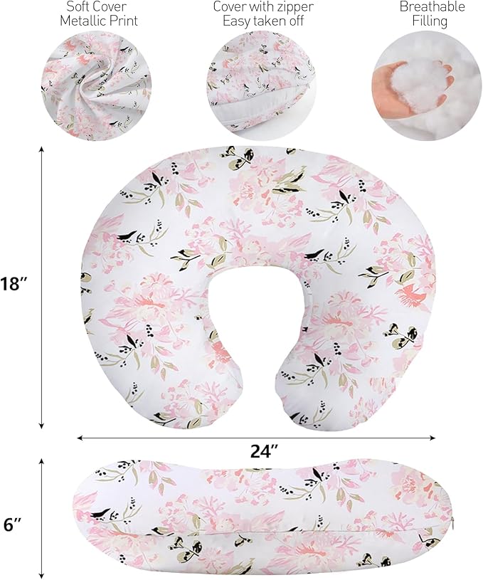 Nursing Pillow, Breast Feeding Pillows for Mom, Rose Floral Print Soft Cover with Breathable Filling, Infant Feeding Support Pillow for 0-12 Months, Multifunctional Support Cushion for Travel
