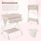BABY JOY Portable Baby Changing Table, Foldable Diaper Changing Station with Wheels, Adjustable Height, Large Storage Rack, Trash Can, Mobile Nursery Organizer for Newborn Infant (Beige)