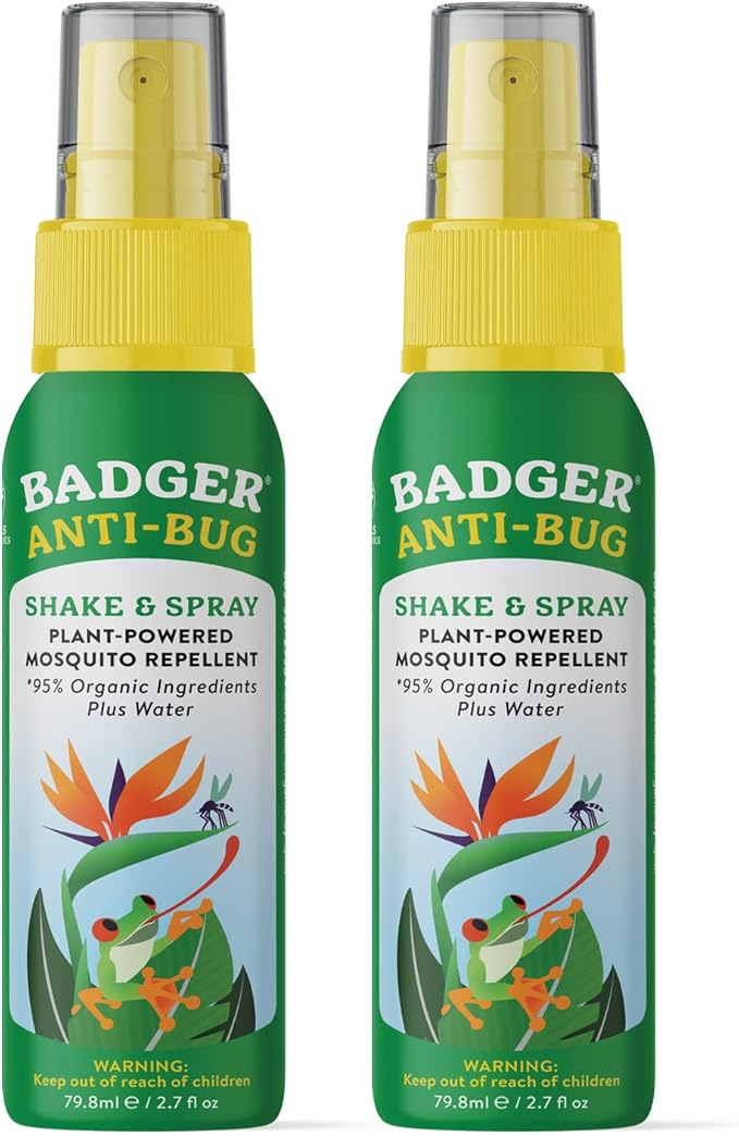 Badger Bug Spray Travel Size, Family Friendly All Natural Mosquito Repellent w/Organic Essential Oils, Smells Great, 3 Hours Effective, Deet-Free, Vegan, Travel Insect Repellent, 2.7 fl oz, 2-Pack