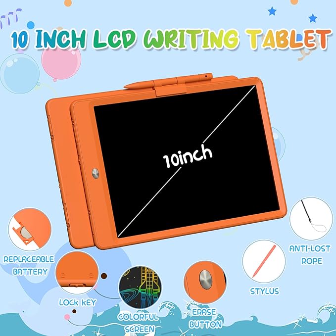Drawing Tablets for Kids 10 Inch LCD Writing Tablet for Kids Reusable Drawing pad Educational and Learning Toys for Boys Girls(Orange)