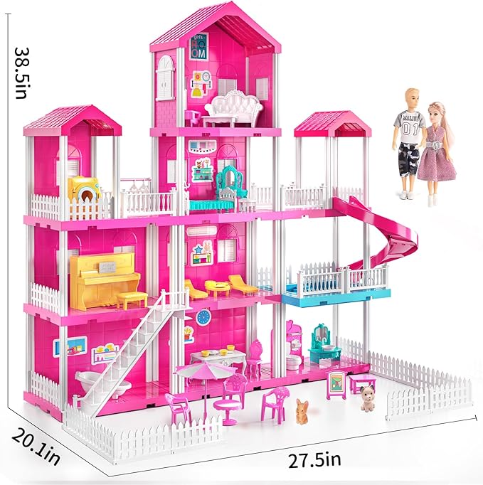 Pink Villa Playset for Girls Ages 3-7, 4-Story 10-Room House with 2 Dolls, Furniture & Accessories, Pretend Play Toddler Toy, Birthday Gifts for Kids 3-8