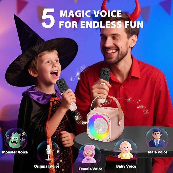 Mini Karaoke Machine for Kids Adults, Portable Bluetooth Speaker with 2 Wireless Microphones, Microphone and Speaker Set with Disco Light for Home Party Christmas Birthday Gift for Girls Boys