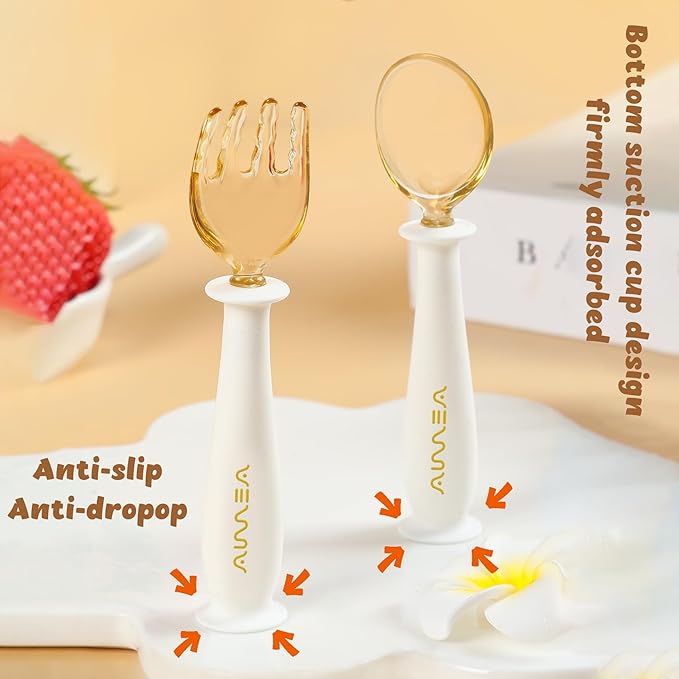 Toddler Forks and Spoons Set with travel case, Kids utensils for self-feeding bendable handle,Safe silicone Children Spoon and Fork,Toddler utensils,Silicone Grip and PPSU Head, Aged 6M+