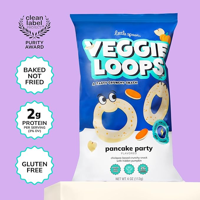 Little Spoon Pancake Party Veggie Loops, Chickpea Snack, Baked Not Fried, Avocado Oil, Hidden Veggies, Tastier Snacks for Kids, 2g Protein, Gluten-Free, 4 Pack