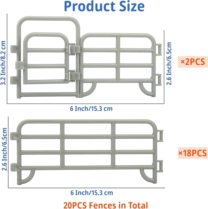 TOYMANY 20PCS Corral Fencing Panel Accessories Playset Includes 2 Gates Fences, Plastic Fence Toys for Barn Paddock Horse Stable or Farm Animals Horses Figurines, Educational Gift for Kids Toddler