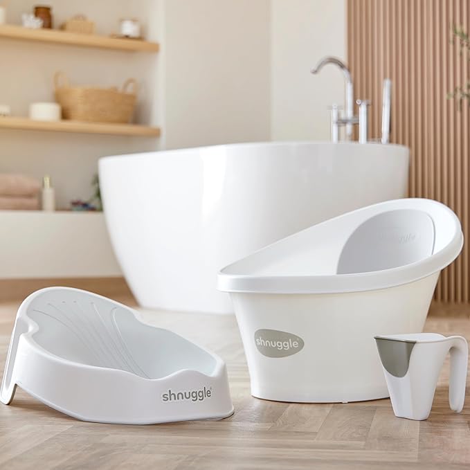 Shnuggle Newborn Baby Bath | Built in Support Bump and Soft Backrest | Suitable from Newborn | Bath Seat Support Includes Plug | White with Grey Backrest