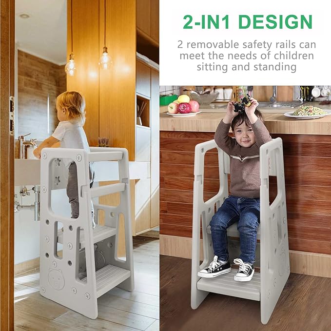 Nursery Kitchen Step Stool w/ 3 Adjustable Heights Toddler Standing Tower Kids Learning Stool w/Double Safety Rails & Non-Slip Foot Pads Cooking Stool Stand Helper Bathroom Counter Footstool (Grey)