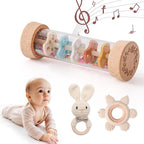 Youuys Wooden Baby Rattle Set (3pcs) - Crochet Rattle Rain Stick Teething Toys, Wooden Montessori Toy for Newborn Infant Baby Rattles Set Toys 3-6-12 Months (Bunny)