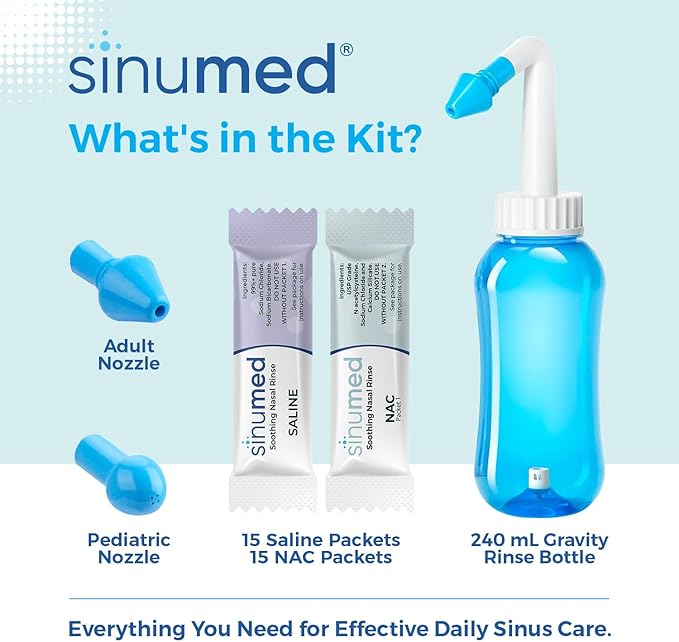 Sinus Rinse Kit, 30PK NAC and Saline Packets for Nasal Rinse, Gravity Rinse Bottle, Alternative to Neti Pot, Helps with Allergy, Congestion, Cold Symptoms