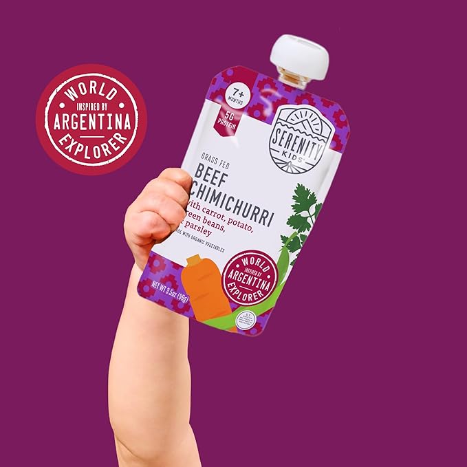 Serenity Kids 7+ Months Beef Chimichurri Baby Food Pouches - 3.5 Oz, Pack of 6 - Nutrient-Packed Puree with Organic Veggies - 5g Protein Pouch for Growth & Baby Essentials - Toddler Food Puree