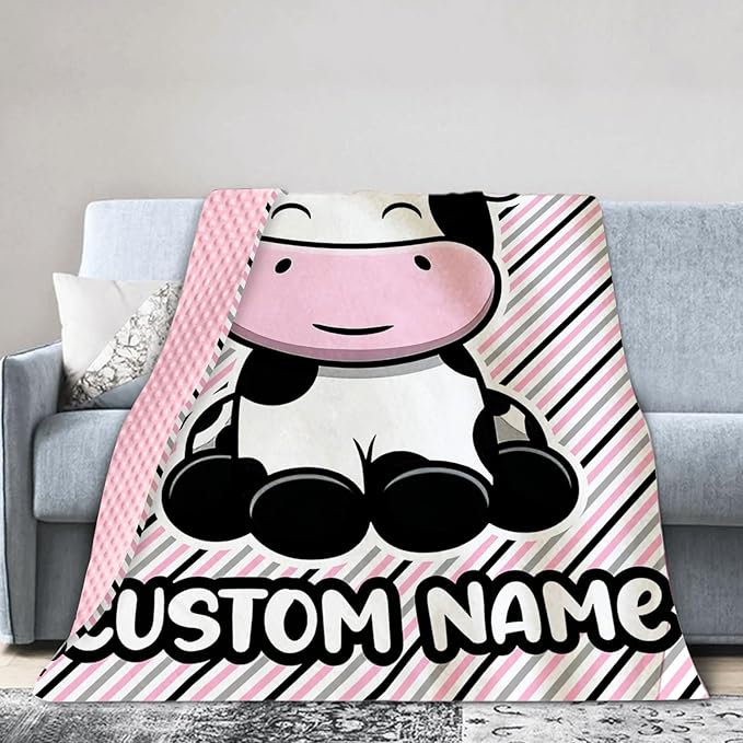 Personalized Baby Blankets for Girls, Custom Name Pink Cow Pattern Baby Blanket, Soft Minky Dot Blanket for Newborns and Toddlers, Ideal for Baby Showers Christmas Brithday Gifts