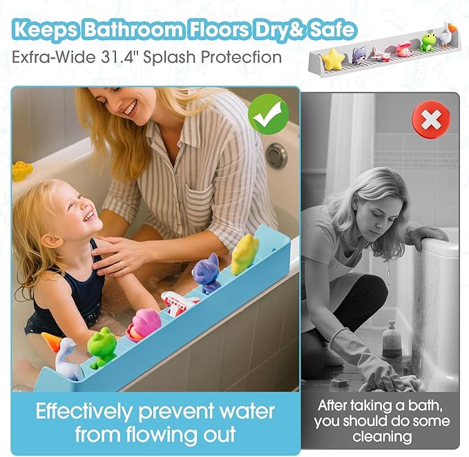 Bathtub Splash Guard for Kids - 31.4 Inch Extra Wide Bath Splash Barrier with 11 Strong Suction Cups, Flexible Silicone Tub Ledge Organizer to Keep Bathroom Floor Dry(Blue)