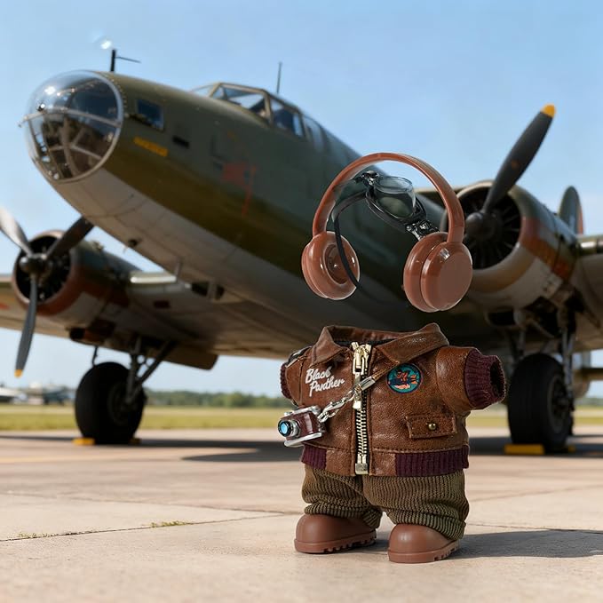 6-Piece 17cm Doll Clothes and Accessories, Retro Style Labu-Clothes-bu with Headphones/Glasses/Leather Jacket/Pants/Shoes/Camera