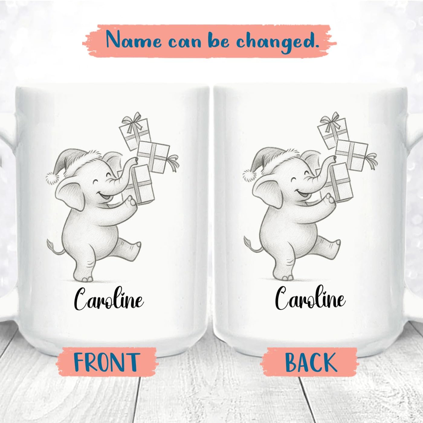 Cute Elephant Coffee Cup With Name, Personalized Elephant Lover Coffee Mug Gift For Men Women Kids Children, Awesome Animal White Ceramic Teacup 11 Oz 15 Oz, Custom Name Elephants Accent Coffee Mug