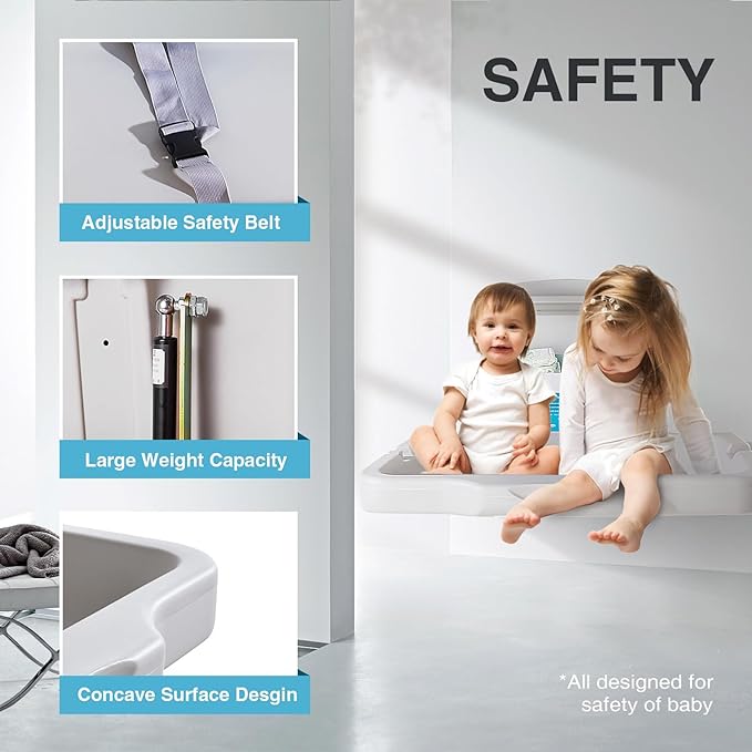 Baby Changing Station Wall Mounted Baby Changing Table Foldable Diaper Changing Unit Commercial Restrooms Horizontal HDPE Meterial with Safrty Strap White Gray