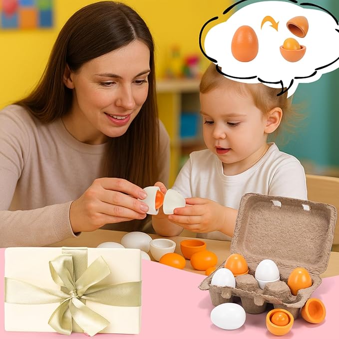 HANSGO Play Food Sets for Kids Kitchen, 6PCS Wooden Toy Food Pretend Play Egg Games for Children Cooking DIY Early Development Learning Skills
