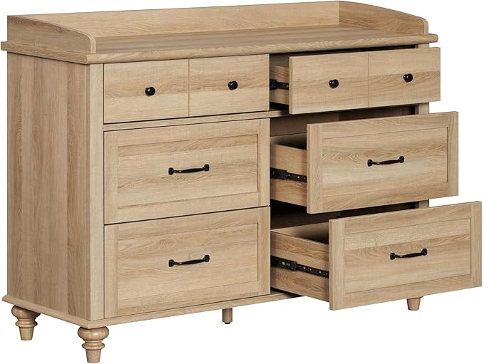 WAMPAT Oak Dresser for Bedroom with 6 Drawers, Baby Dresser with Solid Wood Legs, Farmhouse Light Wood Closet Storage Organizer, Horizontal Dressers for Nursery, Living Room, Kids Room