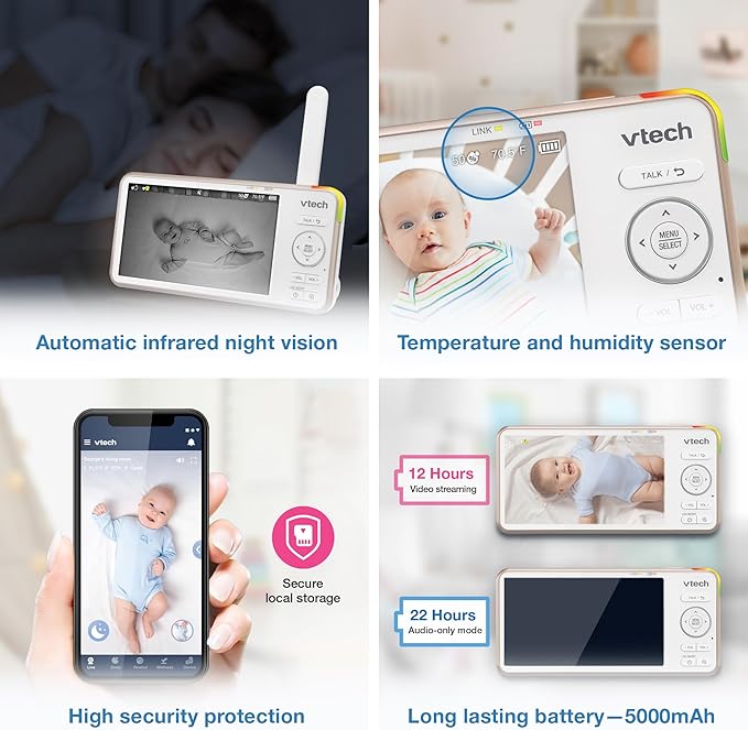 VTech V-Care VC2105 1080p FHD Over-The Crib Mount Smart Baby Monitor 5” 720p LCD Screen,Table Stand,Remote Access,Versatile Placement,Intelligence Detection, Sleep Analysis,18hrs Recording,with WiFi