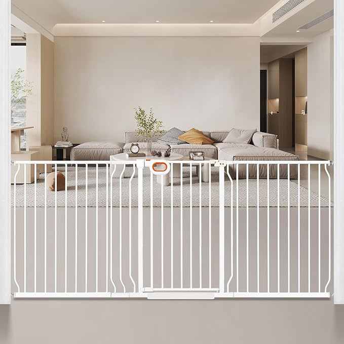 owlie 37.4" Extra Tall Wide Baby Gate for Stairs Doorways,75-85 Inch Extra Large Long Baby Gate with Door Indoor Safety Metal Pressure Mounted Pet Gate with Walk-Thru Auto Close, White