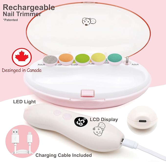 Rechargeable 22 in 1 Baby Nail Trimmer, Usage Labeled Case, 13 Extra Replacement Tools, Royal Angels Electric Nail File with LCD display, Newborn Toddler Nail Care Clipper Kit (Rechargeable,WhitePink)
