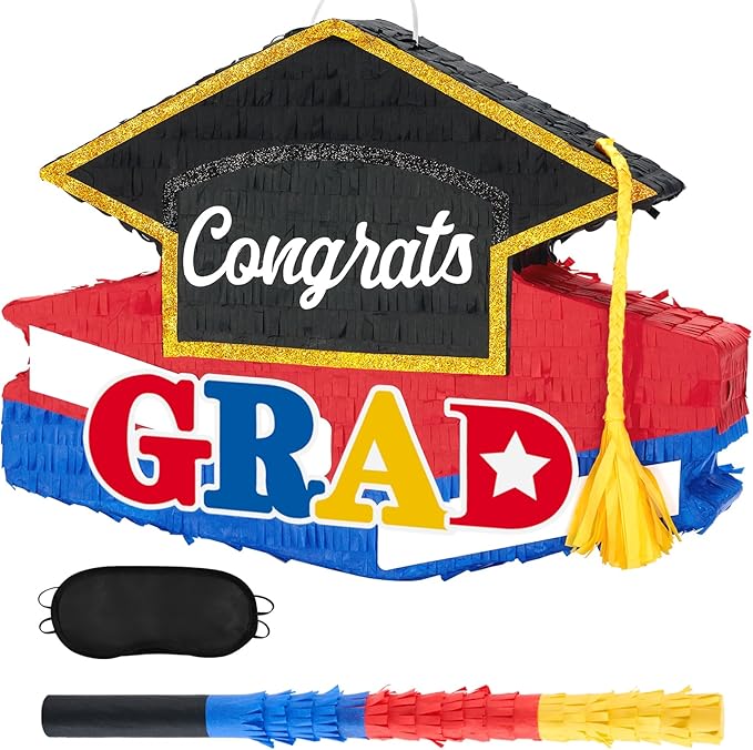 WERNNSAI Graduation Piñata - Graduation Party Game Supplies Graduation Cap Piñata with Blindfold and Bat for Kids Boys Girls Kindergarten Elementary College Party Decoration (12.5" x 16.5" x 3")