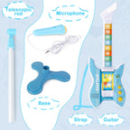 deAO Kids Guitar and Microphone Set with Stand Adjustable Height Music Light Karaoke Music Toys Christmas Birthday Gift for Kids Boys Girls (Blue)