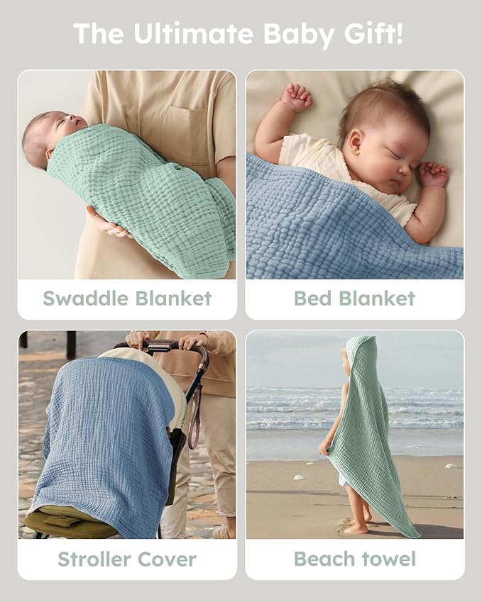 Yoofoss Hooded Baby Towels for Newborn 2 Pack 100% Muslin Organic Cotton Baby Bath Towel with Hood for Babies, Infant, Toddler and Kids, 37.5"x37.5", Soft and Absorbent Newborn Essential,Blue&Green