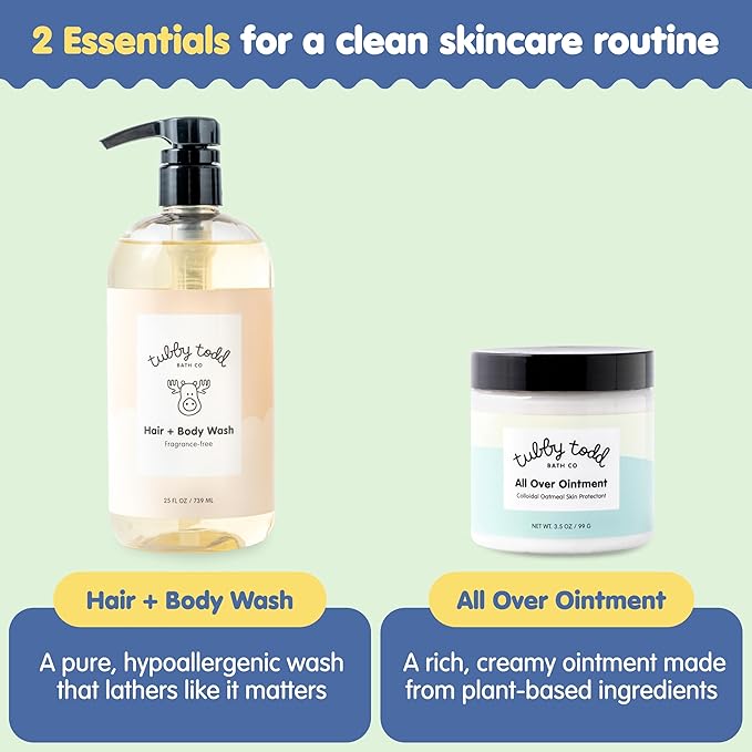 TUBBY TODD's Baby Body Wash & All Over Ointment Eczema Set - Gentle, Hypoallergenic Skincare for Newborns & Toddlers - 25oz, Fragrance-Free