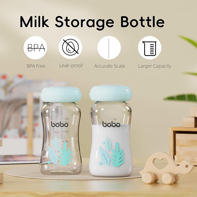 YOHKOH Glass Breast Milk Storage Bottles - 100% Leak-Proof, BPA-Free Breastmilk Storage Containers, Freezer & Dishwasher Safe, Ideal for Nursing Mothers (Blue, 5.4oz (Pack of 4))