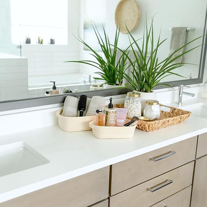 NaturalCozy 5-Piece Rectangle Storage Basket Set- Natural Cotton Rope Woven Baskets for Organizing! Small Basket for Montessori, Baby Nursery, Dog Toy Baskets, Cat Toy Box, Bathroom Organization Bin